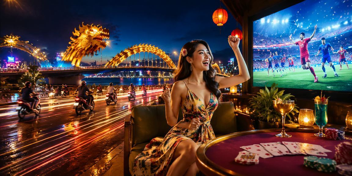 Người chơi card game dưới ánh đèn neon tại Đà Nẵng buổi tối